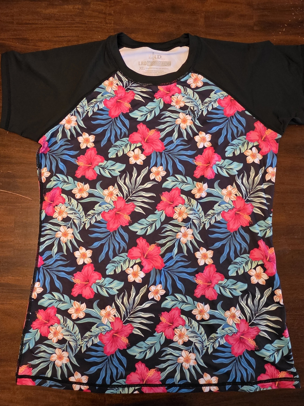 LRD Women's Short Sleeve Rash Guard Swim Shirt UPF 50 Black Tropical Floral XL